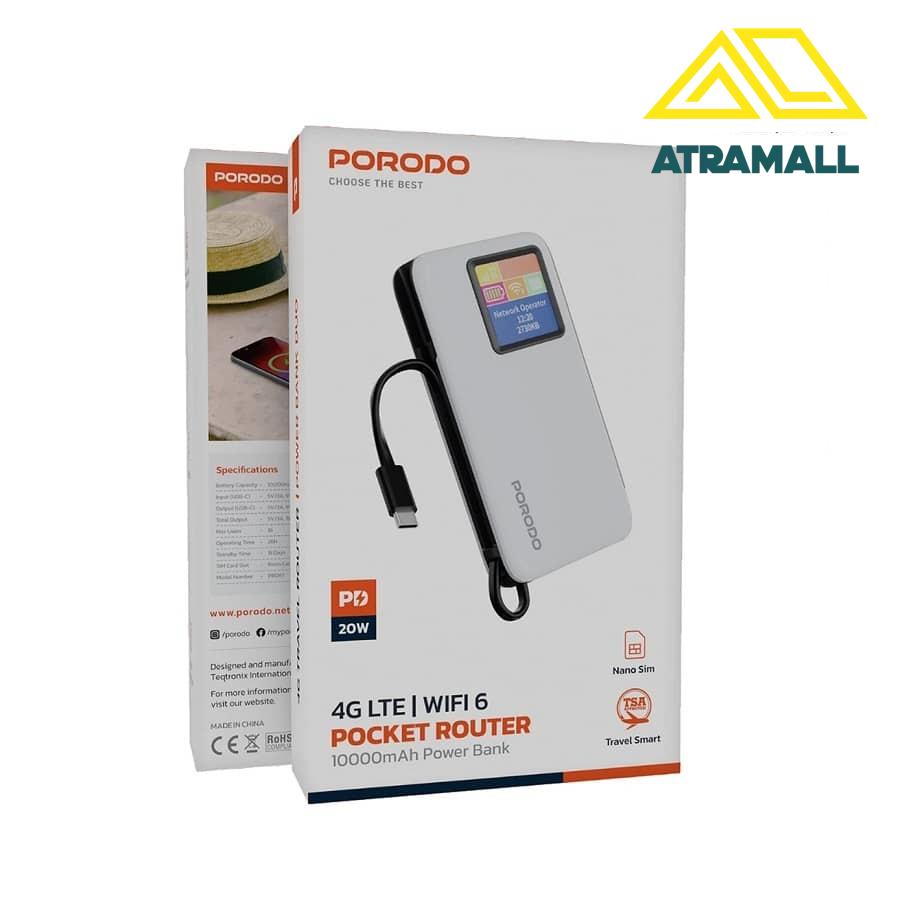 پاوربانک 10000 میلی‌آمپر ساعت و مودم جیبی 4G LTE | WiFi 6 پرودو مدل PDPBFCH087